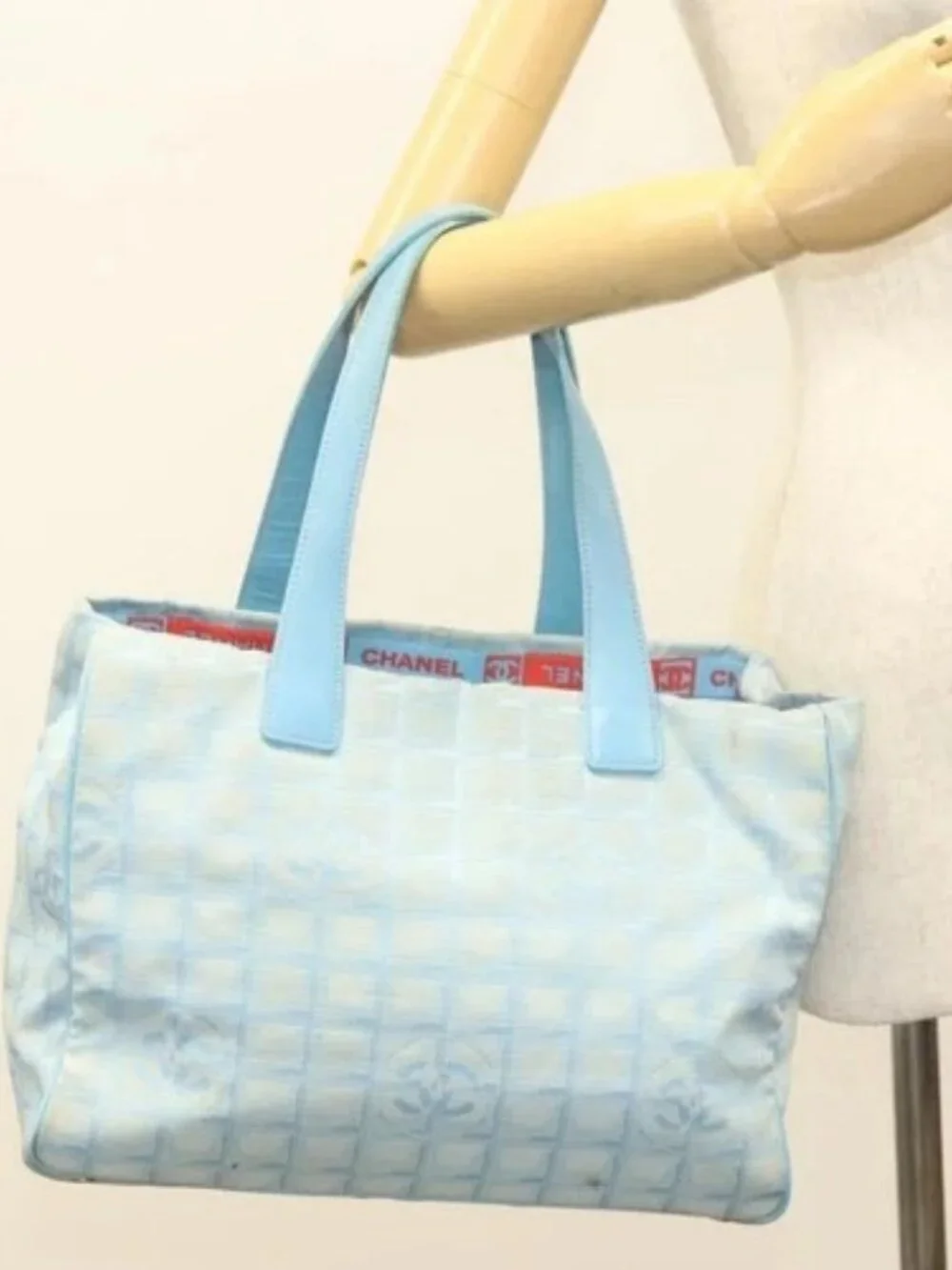 CHANEL New Travel line Tote Bag Light Blue Silver CC Auth 133486